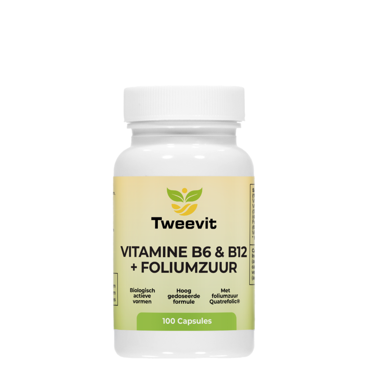 Pot Tweevit Vitamine B6 & B12 + Foliumzuur 100 capsules met biologisch actieve vormen en Quatrefolic® foliumzuur, ondersteunt energie en zenuwstelsel.